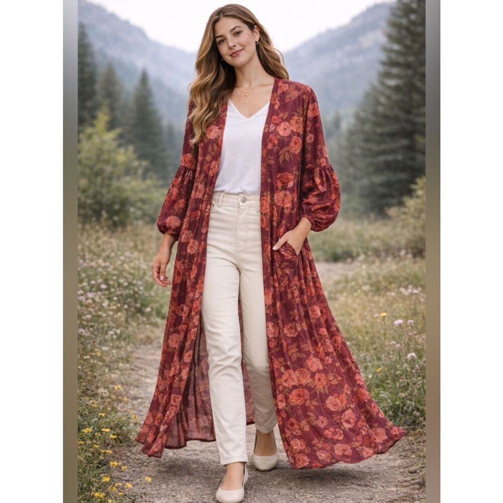 Joyfolie Brenna Dark Red Floral Maxi Longline Cardigan Balloon Sleeves Duster M